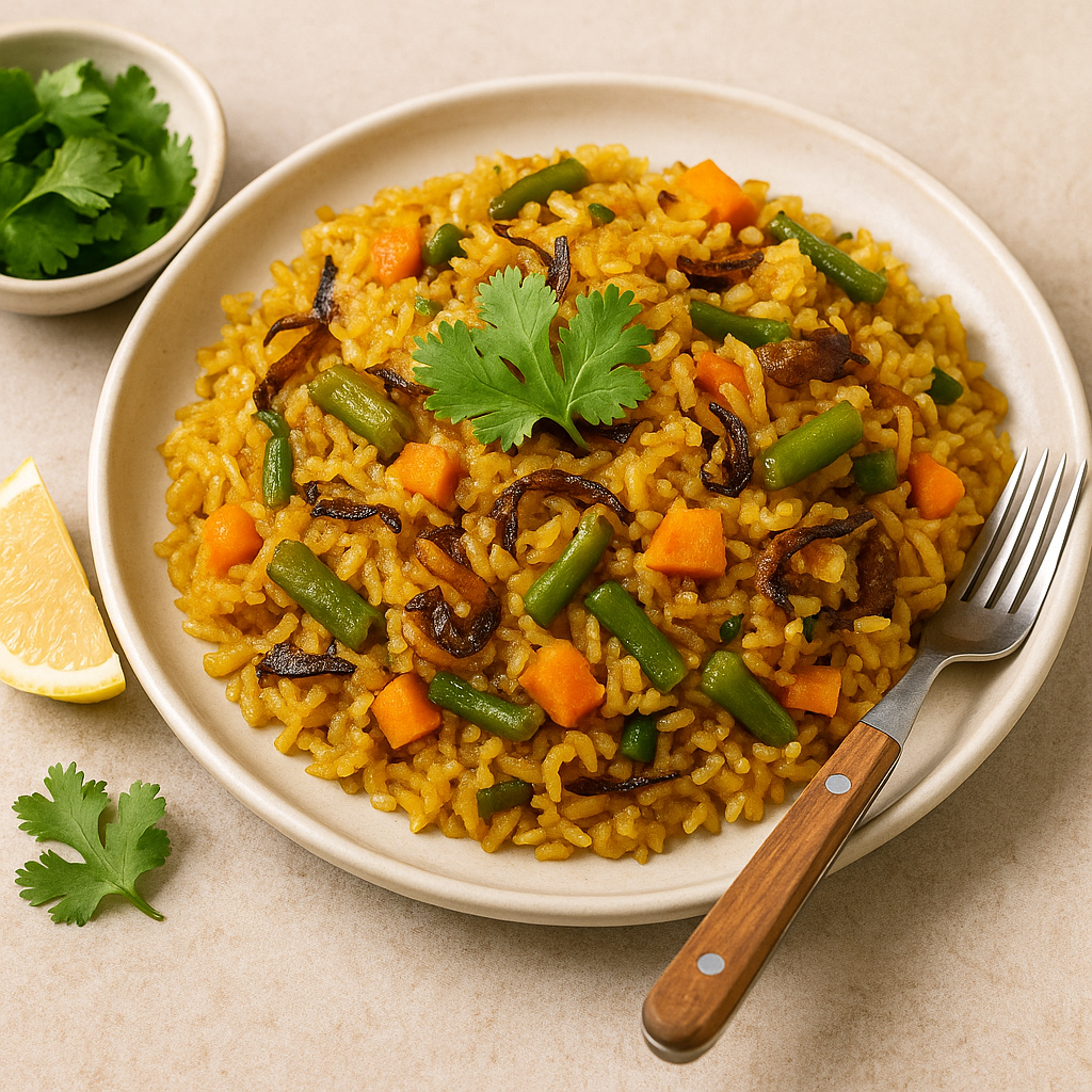 Low-carb Konjac rice biryani garnished with herbs